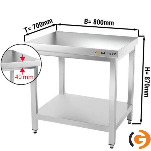 Galleyz Çalışma Tezgahı - Paslanmaz Çelik PREMIUM - 800x700mm - Alt Raflı, Sırtsız