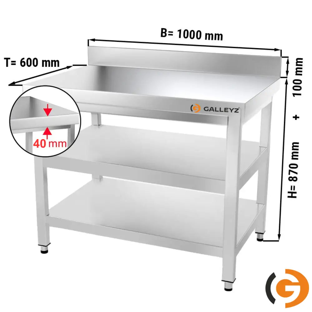 Galleyz Paslanmaz Çelik Çalışma Tezgahı PREMIUM - 1000x600mm - Alt ve Ara Raflı Sırtlı