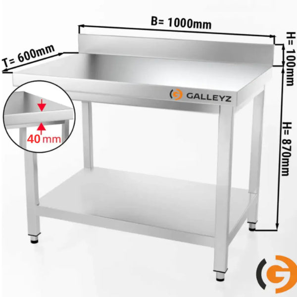 Galleyz Paslanmaz Çelik Çalışma Tezgahı - PREMIUM- 1000x600mm -Sırtlı alt raflı