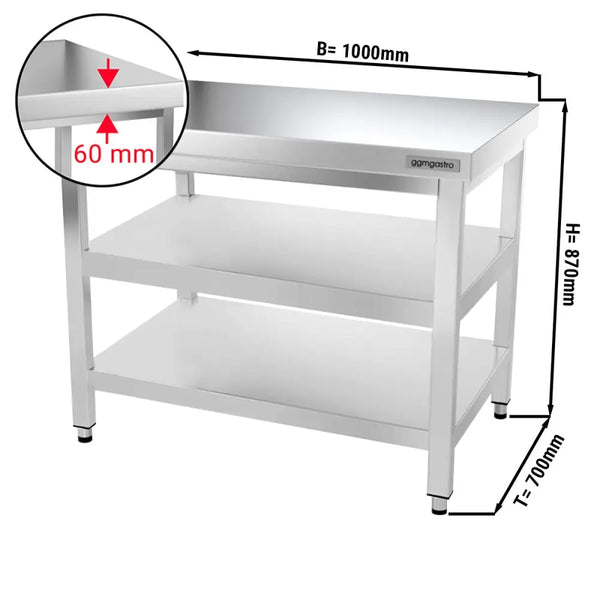 Galleyz Paslanmaz Çelik Çalışma Tezgahı PREMIUM- 1000x700mm - Alt Raflı, Ara Raflı
