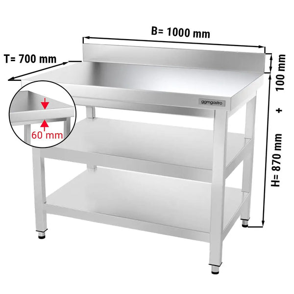 Galleyz Paslanmaz Çelik Çalışma Tezgahı PREMIUM- 1000x700mm - Alt Raflı, Sırtlı, Ara Raflı