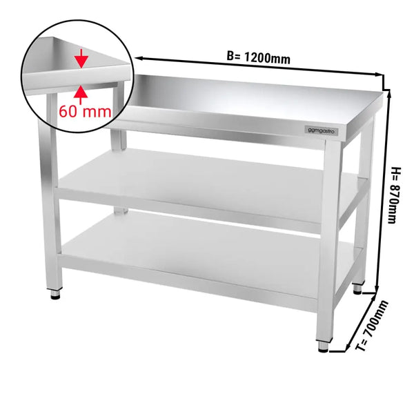 Galleyz Paslanmaz Çelik Çalışma Tezgahı PREMIUM- 1200x700mm - Alt Raflı, Ara Raflı