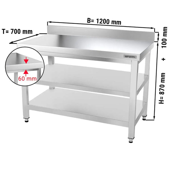 Galleyz Paslanmaz Çelik Çalışma Tezgahı PREMIUM- 1200x700mm - Alt Raflı, Sırtlı, Ara Raflı