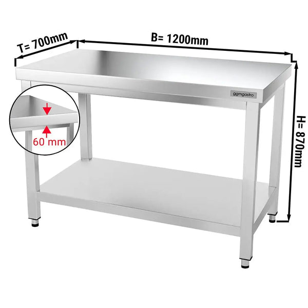 Galleyz Paslanmaz Çelik Çalışma Tezgahı - PREMIUM- 1200x700mm - Sırtsız alt raflı