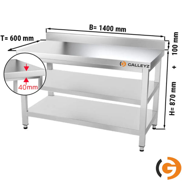 Galleyz Paslanmaz Çelik Çalışma Tezgahı PREMIUM - 1400x600mm - Alt ve Ara Raflı, Sırtlı
