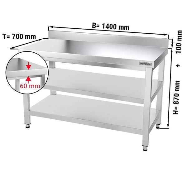 Galleyz Paslanmaz Çelik Çalışma Tezgahı PREMIUM- 1400x700mm - Alt Raflı, Sırtlı, Ara Raflı