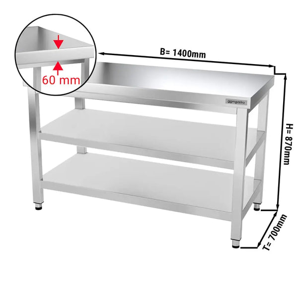Galleyz Paslanmaz Çelik Çalışma Tezgahı PREMIUM- 1400x700mm - Alt Raflı, Ara Raflı