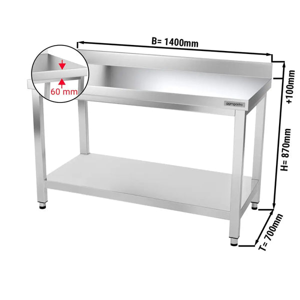 Galleyz Paslanmaz Çelik Çalışma Tezgahı - PREMIUM- 1400x700mm - Sırtsız alt raflı