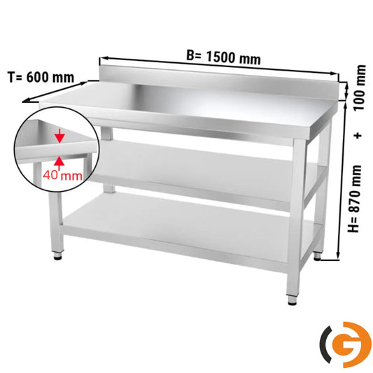 Galleyz Paslanmaz Çelik Çalışma Tezgahı PREMIUM - 1500x600mm - Alt ve Ara Raflı Sırtlı - Paslanmaz Çelik Dolaplı