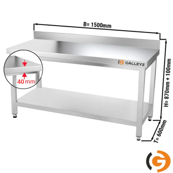 Galleyz Paslanmaz Çelik Çalışma Tezgahı - PREMIUM- 1500x600mm - Sırtlı alt raflı