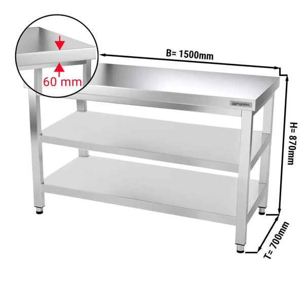 Galleyz Paslanmaz Çelik Çalışma Tezgahı PREMIUM - 1500x700mm - Alt ve Ara Raflı