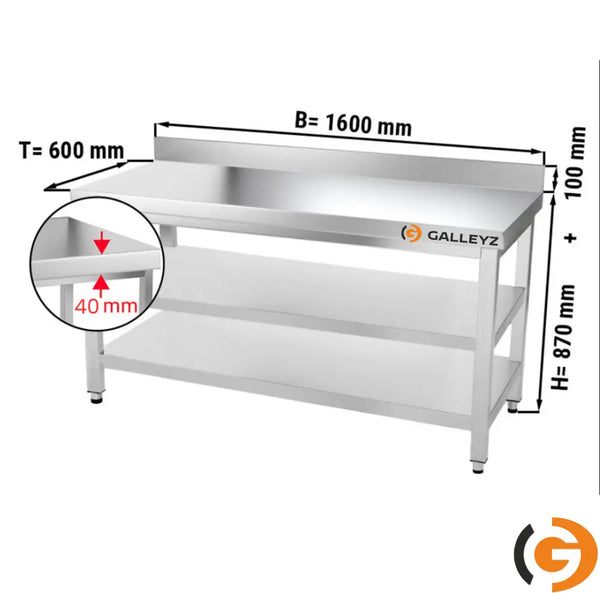 Galleyz Paslanmaz Çelik Çalışma Tezgahı PREMIUM - 1600x600mm - Alt ve Ara Raflı, Sırtlı