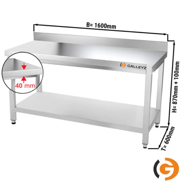 Galleyz Paslanmaz Çelik Çalışma Tezgahı - PREMIUM- 1600x600mm - Sırtlı alt raflı