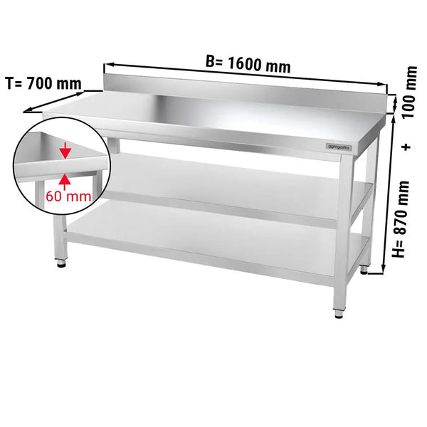 Galleyz Paslanmaz Çelik Çalışma Tezgahı PREMIUM- 1600x700mm - Alt Raflı, Sırtlı, Ara Raflı