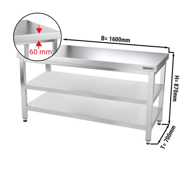 Galleyz Paslanmaz Çelik Çalışma Tezgahı PREMIUM- 1600x700mm - Alt Raflı, Ara Raflı