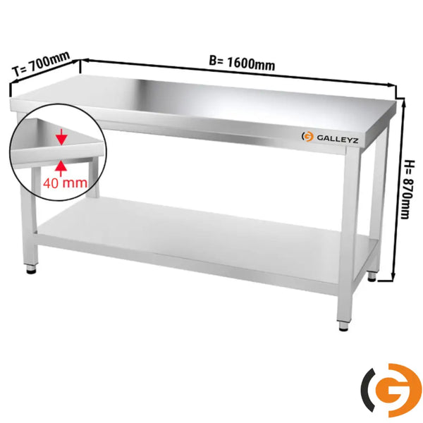Galleyz Paslanmaz Çelik Çalışma Tezgahı - PREMIUM- 1600x700mm - Sırtsız alt raflı