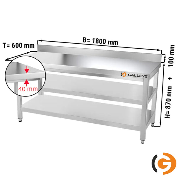 Galleyz Paslanmaz Çelik Çalışma Tezgahı PREMIUM - 1800x600mm - Alt ve Ara Raflı, Sırtlı