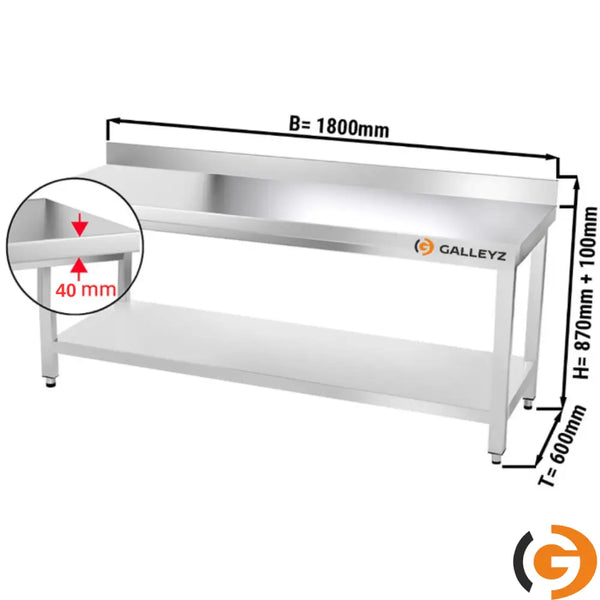 Galleyz Paslanmaz Çelik Çalışma Tezgahı - PREMIUM- 1800x600mm - Sırtlı alt raflı