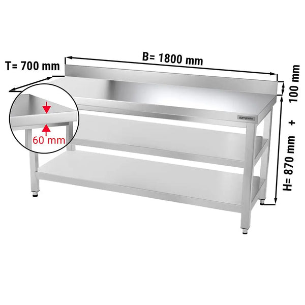 Galleyz Paslanmaz Çelik Çalışma Tezgahı PREMIUM- 1800x700mm - Alt Raflı, Sırtlı, Destekli