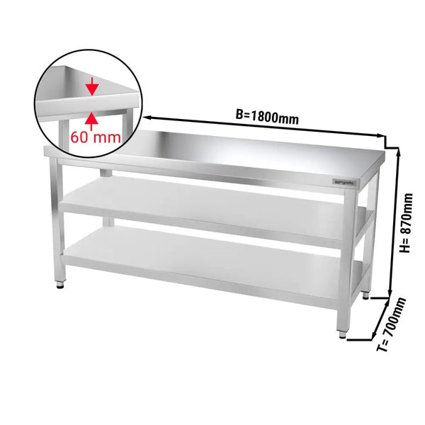 Galleyz Paslanmaz Çelik Çalışma Tezgahı PREMIUM- 1800x700mm - Alt Raflı, Ara Raflı