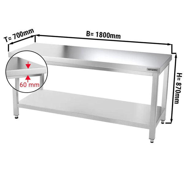 Galleyz Paslanmaz Çelik Çalışma Tezgahı - PREMIUM- 1800x700mm - Sırtsız alt raflı