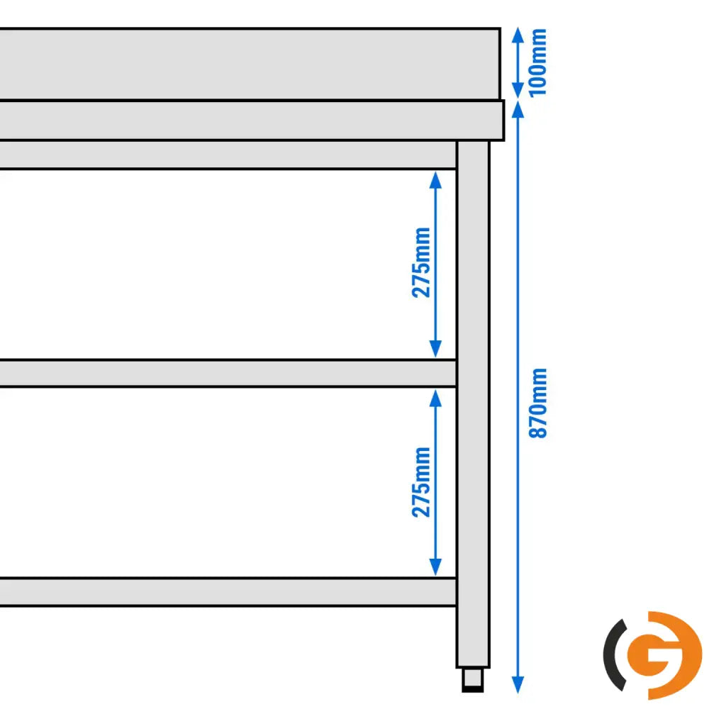 Galleyz Paslanmaz Çelik Çalışma Tezgahı PREMIUM - 2000x600mm - Alt ve Ara Raflı Sırtlı