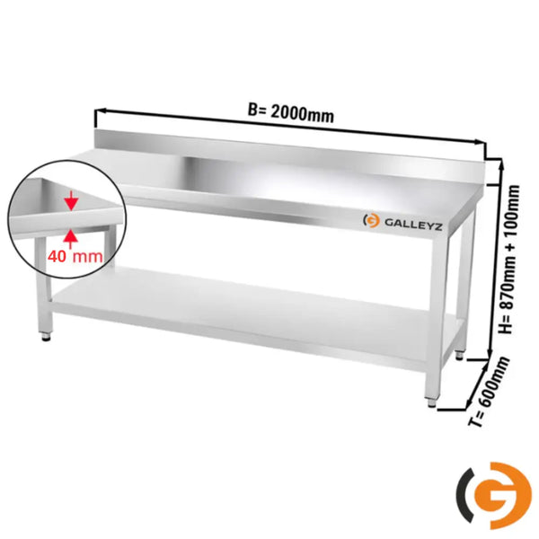 Galleyz Paslanmaz Çelik Çalışma Tezgahı - PREMIUM- 2000x600mm - Sırtlı alt raflı