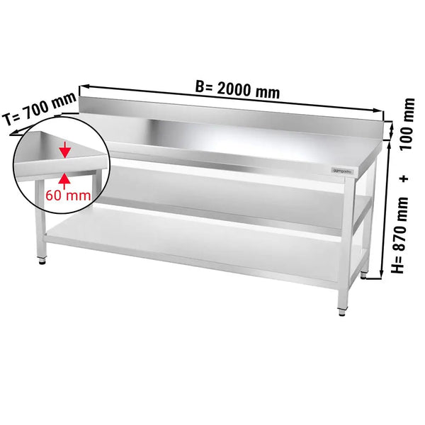 Galleyz Paslanmaz Çelik Çalışma Tezgahı PREMIUM- 2000x700mm - Alt Raflı, Sırtlı, Ara Raflı