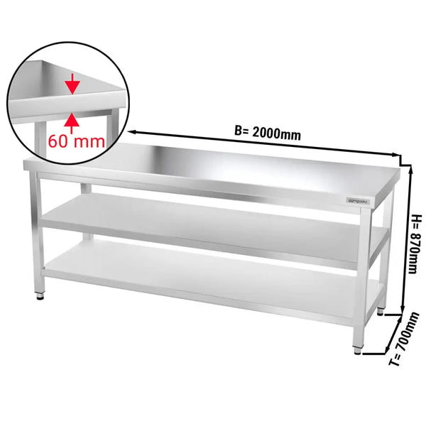 Galleyz Paslanmaz Çelik Çalışma Tezgahı PREMIUM- 2000x700mm - Alt Raflı, Ara Raflı