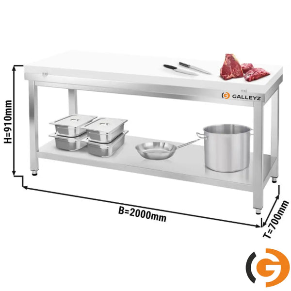 Galleyz Paslanmaz Çelik Çalışma Tezgahı PREMIUM - 2000x700mm - Kesme plakası dahil, sırtsız alt raflı