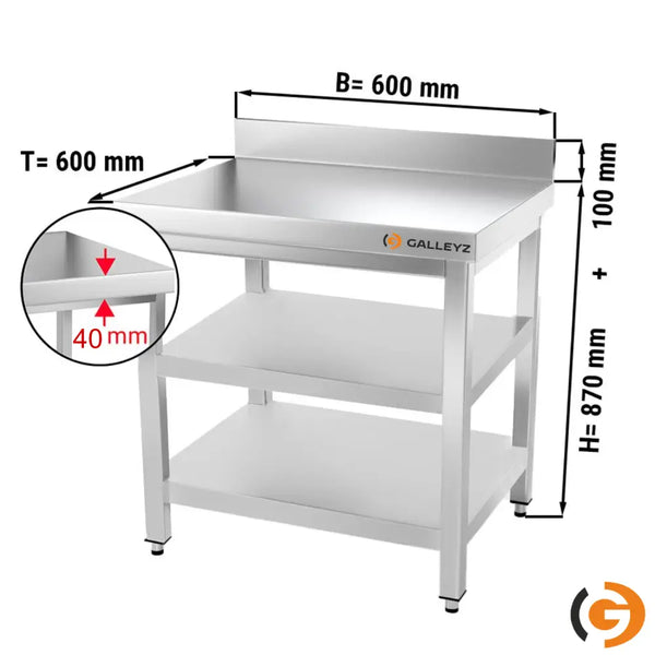 Galleyz Paslanmaz Çelik Çalışma Tezgahı PREMIUM - 600x600mm - Alt ve Ara Raflı, Sırtlı