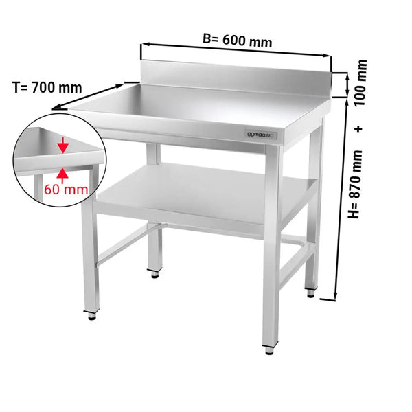 Galleyz Paslanmaz Çelik Çalışma Tezgahı PREMIUM- 600x700mm - Alt Raflı, Sırtlı, Destekli