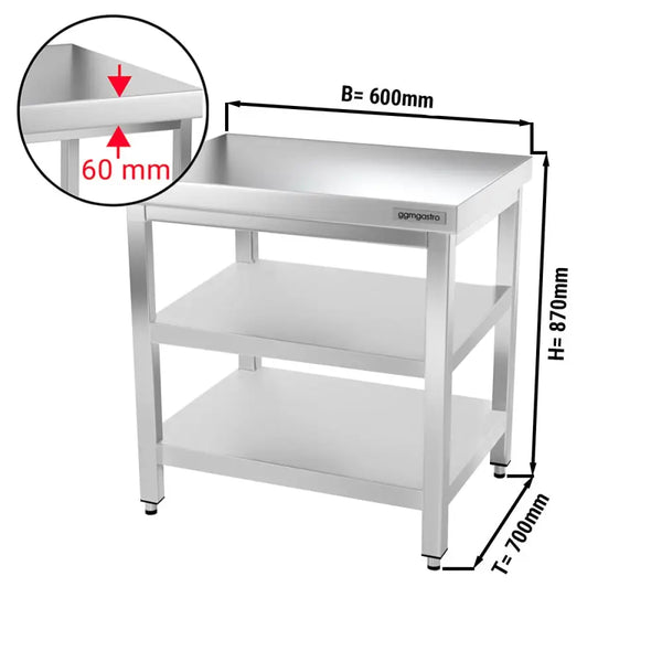 Galleyz Paslanmaz Çelik Çalışma Tezgahı PREMIUM- 600x700mm - Alt Raflı, Ara Raflı