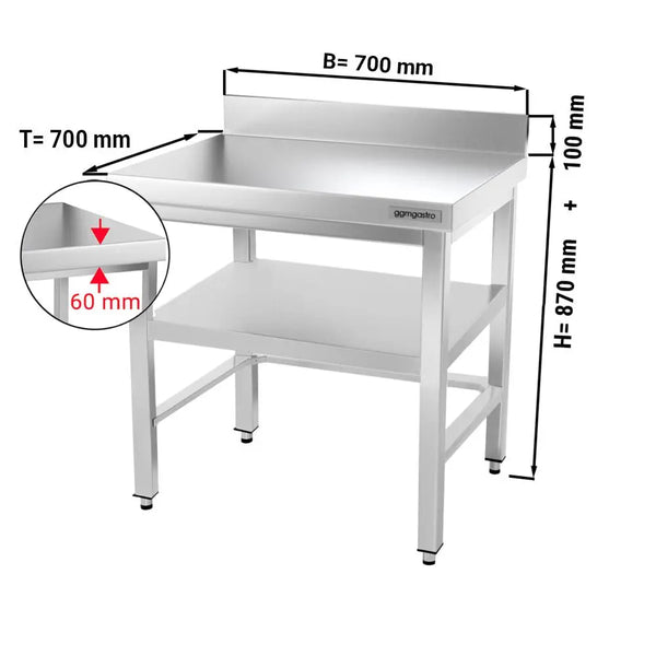 Galleyz Paslanmaz Çelik Çalışma Tezgahı PREMIUM- 700x700mm - Alt Raflı, Sırtlı, Destekli