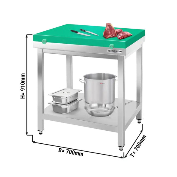 Galleyz Paslanmaz Çelik Çalışma Tezgahı PREMIUM- 700x700mm - Alt Raflı, Sırtsız, Kesme Plakası dahil