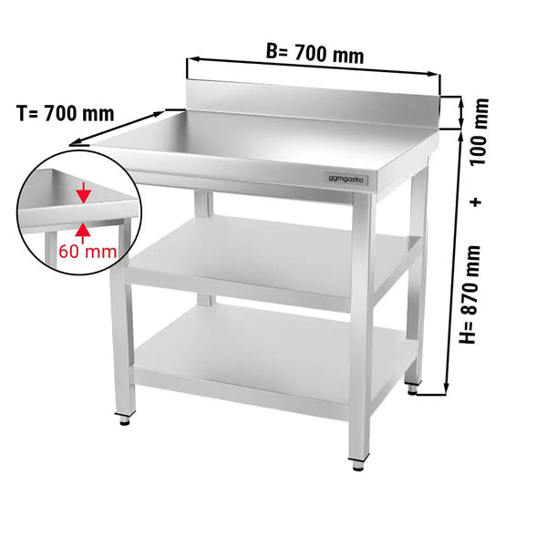 Galleyz Paslanmaz Çelik Çalışma Tezgahı PREMIUM- 700x700mm - Alt Raflı, Sırtlı, Ara Raflı