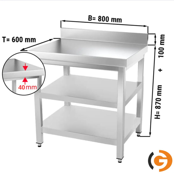 Galleyz Paslanmaz Çelik Çalışma Tezgahı PREMIUM - 800x600mm - Alt ve Ara Raflı, Sırtlı