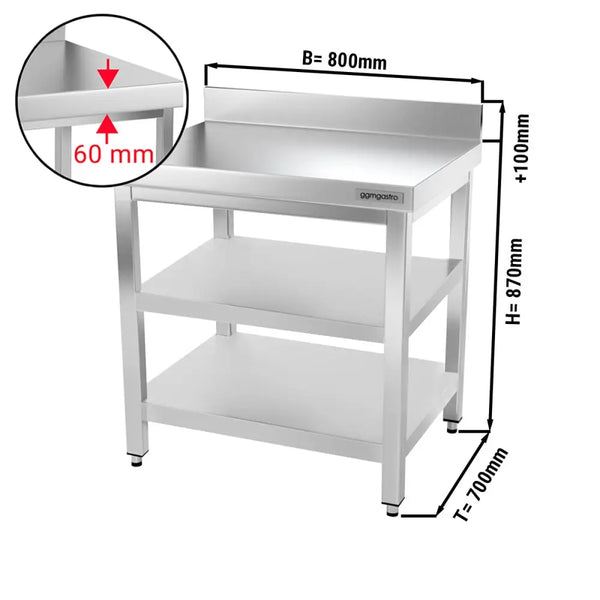 Galleyz Paslanmaz Çelik Çalışma Tezgahı PREMIUM- 800x700mm - Alt Raflı, Sırtlı, Ara Raflı