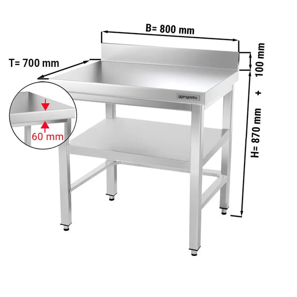 Galleyz Paslanmaz Çelik Çalışma Tezgahı PREMIUM- 800x700mm - Alt Raflı, Sırtlı, Destekli