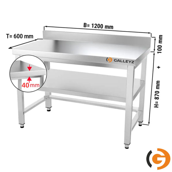 Galleyz Paslanmaz ÇelikmÇalışma Tezgahı PREMIUM - 1200x600mm - Alt Raflı, Destekli & Sırtlı