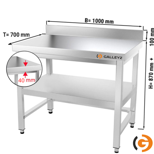 Çalışma Tezgahı - Paslanmaz Çelik - PREMIUM - 1000x700mm - Alt Raflı, Destekli & Sırtlı