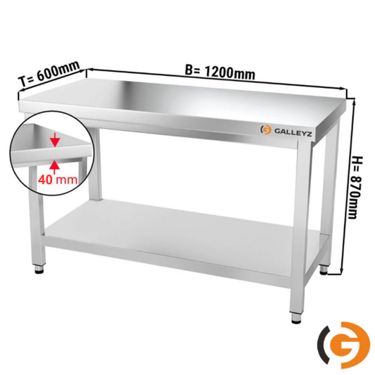 Stainless Steel Work Bench PREMIUM - 1200x600mm - Backless with lower shelf 