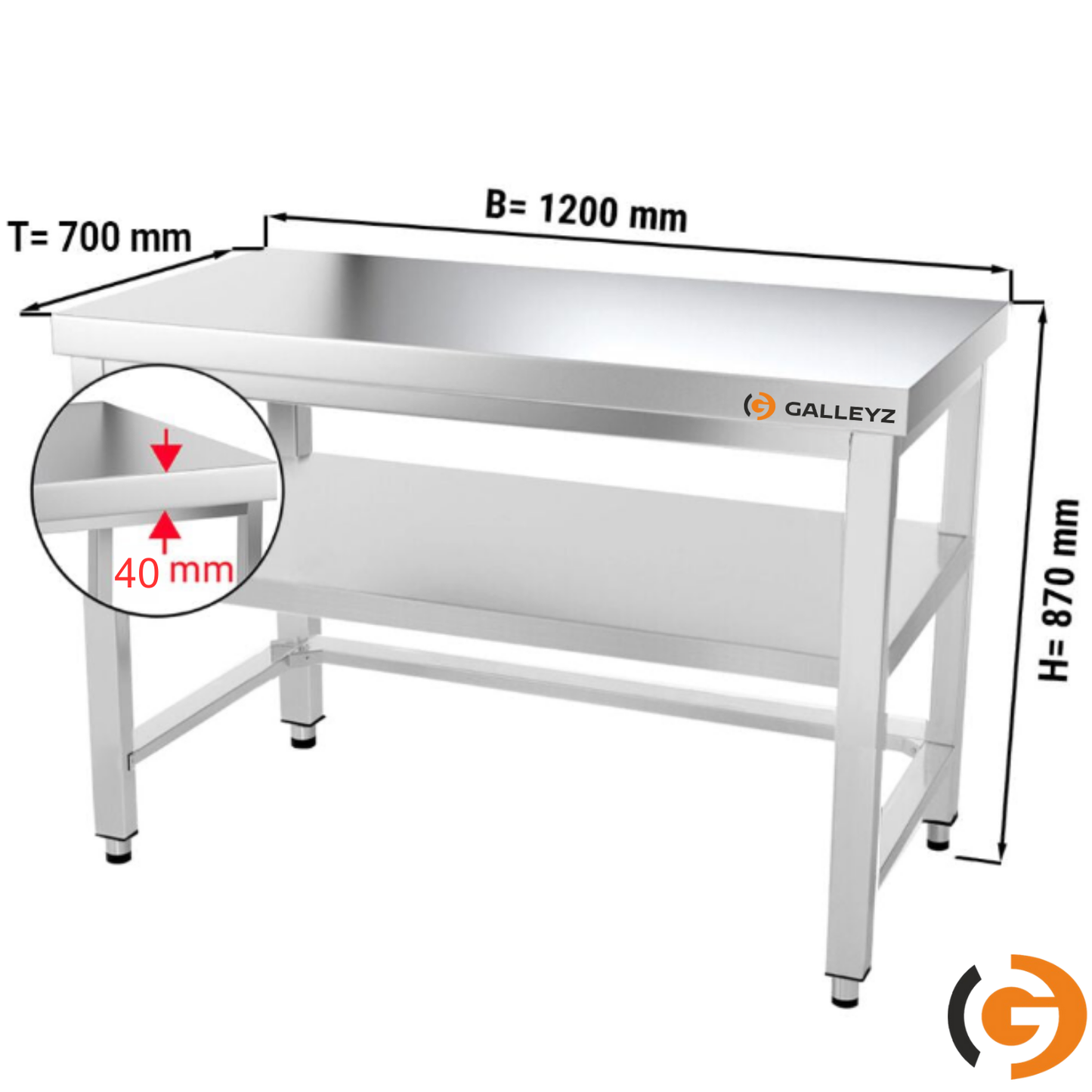 Çalışma Tezgahı - Paslanmaz Çelik - PREMIUM - 1200x700mm - Alt Raflı, Destekli & Sırtlı