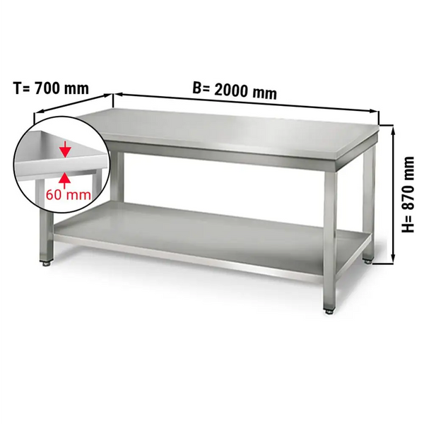 Paslanmaz Çelik Çalışma tezgahı ECO - 2000x700mm- Sırtsız alt raflı