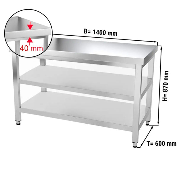 Paslanmaz Çelik Çalışma Tezgahı PREMIUM - 1400x600mm - Alt ve Ara Raflı