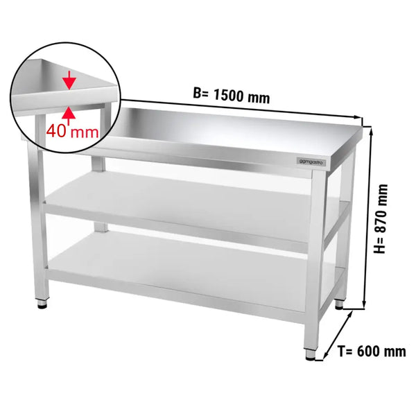 Paslanmaz Çelik Çalışma Tezgahı PREMIUM - 1500x600mm - Alt ve Ara Raflı