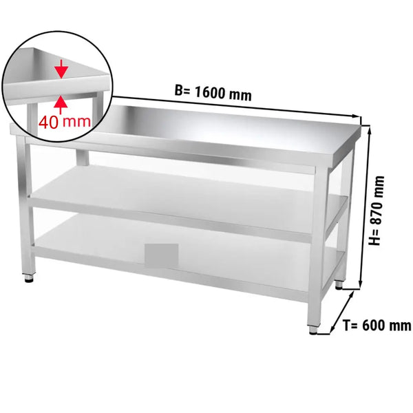 Paslanmaz Çelik Çalışma Tezgahı PREMIUM - 1600x600mm - Alt ve Ara Raflı