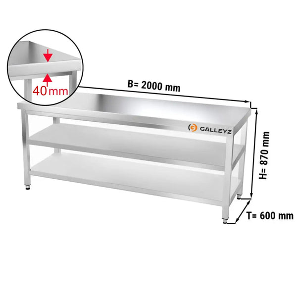Paslanmaz Çelik Çalışma Tezgahı PREMIUM - 2000x600mm - Alt ve Ara Raflı