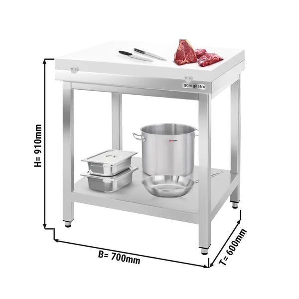 Paslanmaz Çelik Çalışma Tezgahı PREMIUM- 700x600mm - Alt Raflı, Sırtsız, Kesme Plakası dahil
