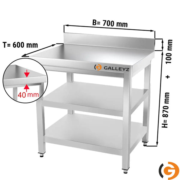 Paslanmaz Çelik Çalışma Tezgahı PREMIUM - 700x600mm - Alt ve Ara Raflı, Sırtlı